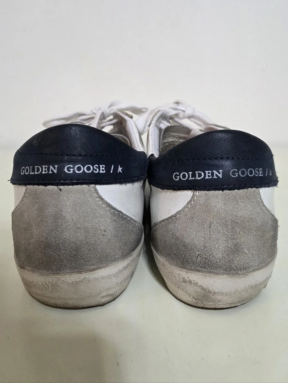 Golden Goose Super Star White Leather Sneakers with Gray Star and Navy Heel - Picture 7 of 10